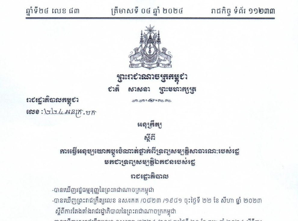 អនុក្រឹត្យ​ ​លេខ ​២៤៤ ​អនក្រ-បក ​ស្តីពីការធ្វើអនុប្បយោគប្តូរចំណាត់ថ្នាក់ពីទ្រព្យសម្បត្តិសាធារណៈរបស់រដ្ឋ មកជាទ្រព្យសម្បត្តិឯកជនរបស់រាជរដ្ឋាភិបាល